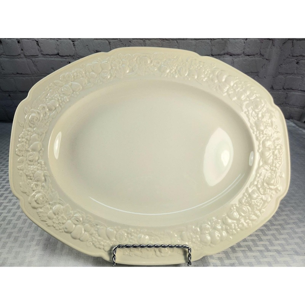 Vintage Crown Ducal Florentine Cream 14" Serving Platter Embossed Fruit Floral